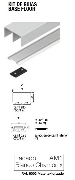 BASE FLOOR KIT PUERTA RUEDA OCULTA CARRIL 75 PARA TABLERO O CRISTAL BLANCO CHAMONIX KIT DE GUIAS BASE FLOOR 2000MM 3000MM BLANCO CHAMONIX KIT DE GUIAS BASE FLOOR 4000MM BLANCO CHAMONIX KIT DE GUIAS BASE FLOOR 