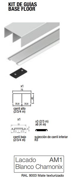 BASE FLOOR KIT PUERTA RUEDA OCULTA CARRIL 75 PARA TABLERO O CRISTAL BLANCO CHAMONIX KIT DE GUIAS BASE FLOOR 2000MM BLANCO CHAMONIX KIT DE GUIAS BASE FLOOR 3000MM BLANCO CHAMONIX KIT DE GUIAS BASE FLOOR 4000MM 