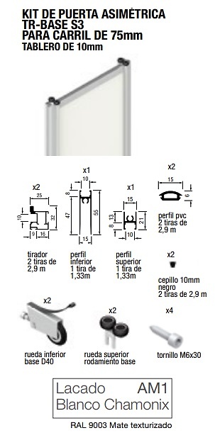 BASE FLOOR KIT PUERTA RUEDA OCULTA CARRIL 75 PARA TABLERO O CRISTAL BLANCO CHAMONIX KIT DE PUERTA ASIMETRICA TR-BASE S3 2900X1330MM 