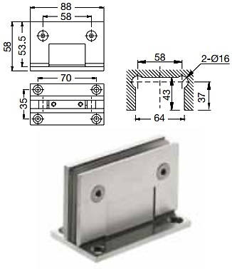 BISAGRAS Y SOPORTES CRISTAL DE 8 A 10 MM DE GROSOR INOX MATE 90º FIJACION VIDRIO/PARED CON PLETINA 8/10MM ACERO INOX AISI 304 