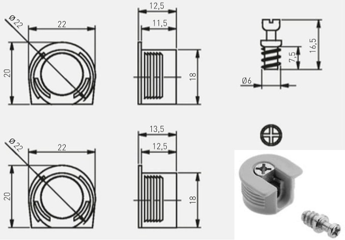 CAJA D:20 EXCENTRICA TABLERO 15/16 ZINCADO+PERNO6X11MM 