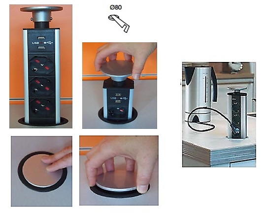 ELEVATOR MULTIPRESA TORRE 3 ENCHUFES + 2 TOMAS USB TELESCOPICA D:80 ALUMINIO 