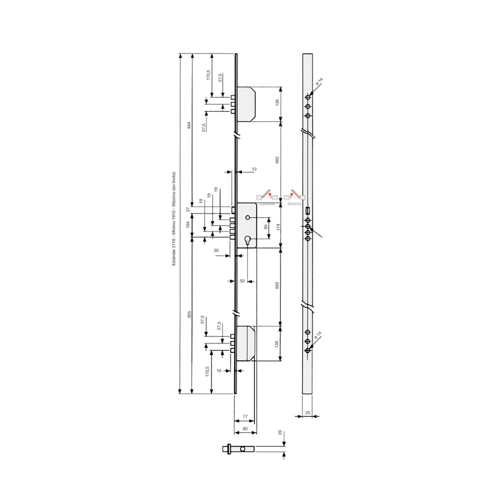 EZCURRA E-2000/B3 CERRADURA DE SEGURIDAD EMBUTIDA CON 3 PUNTOS SIN VARILLAS 