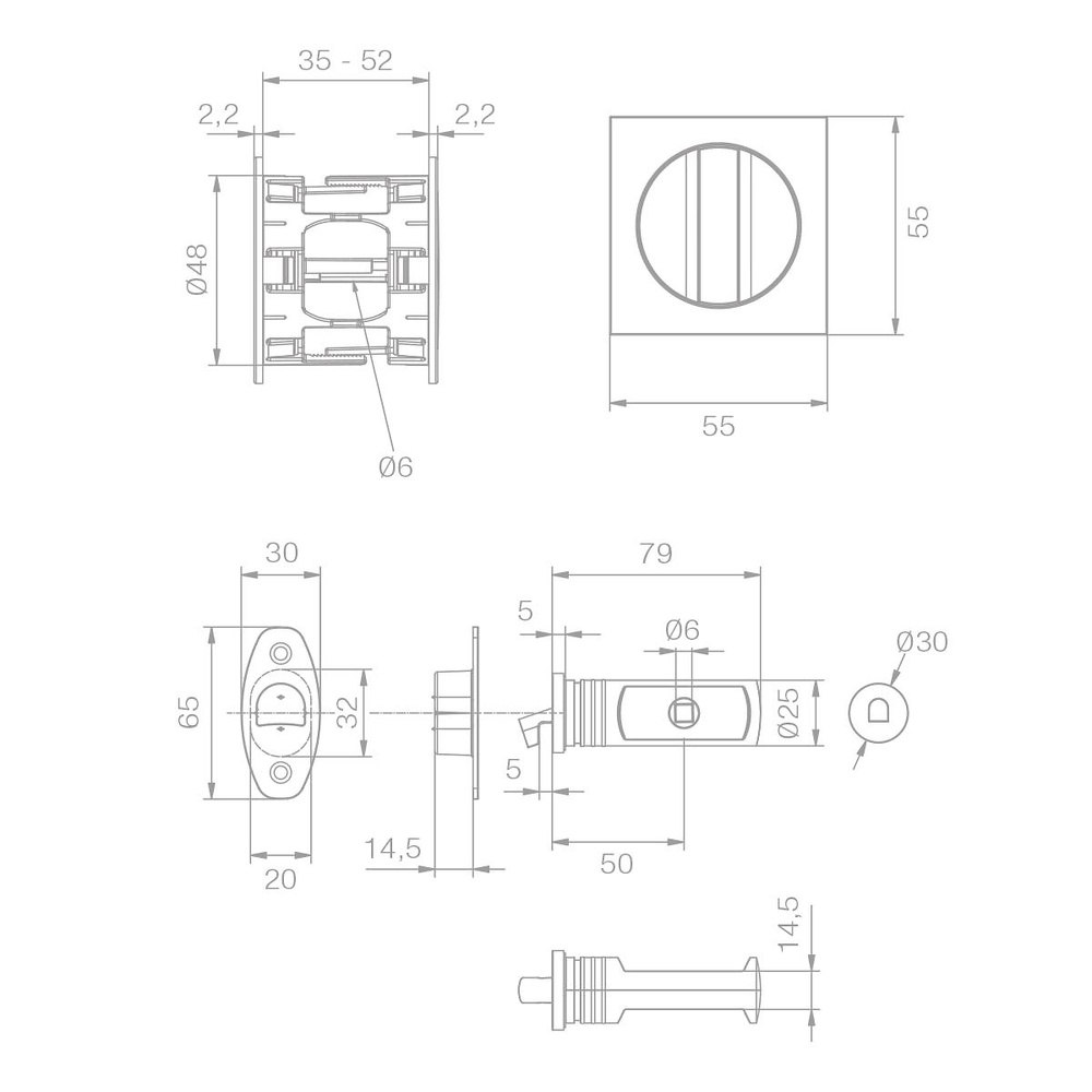 HOOKY ZERO CUADRADO KIT CERRADURA-MULETILLA-DEDAL PARA PUERTA CORREDERA 
