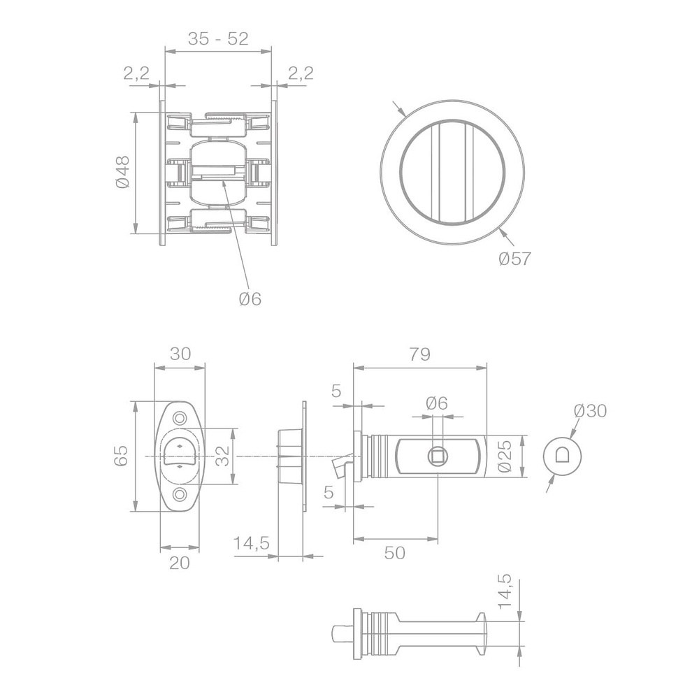 HOOKY ZERO REDONDO KIT DE CERRADURA-MULETILLA-DEDAL PARA PUERTA CORREDERA 