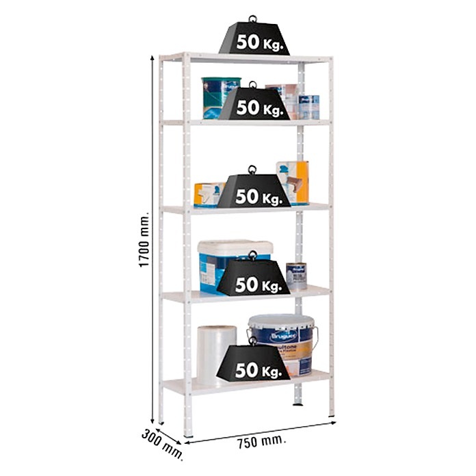 KIT CLASSIC ESTANTERIA BASIC ALTURA 1500/1700 MM ANCHO 750 MM BLANCO 1700 750 5 300 250 KG CON TORNILLOS 