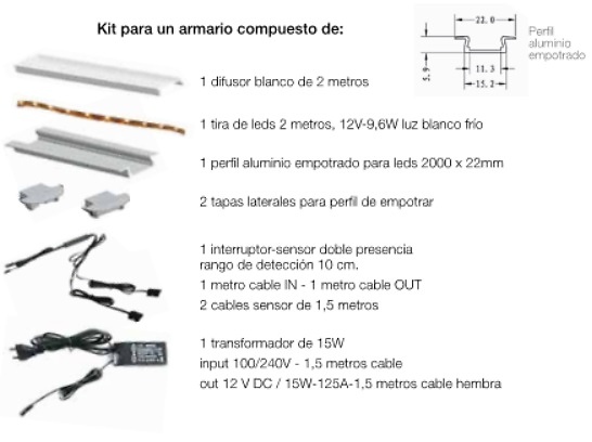 KIT COMPLETO TIRA DE LEDS EMPOTRADOS DE 2MTS CON 2 SENSORES DE APERTURA 