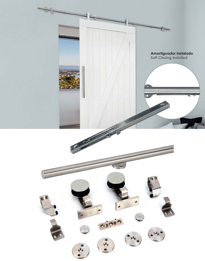 KIT CORREDERA PUERTA MADERA PCB2IOX/F INOX 2 MTS CON AMORTIGUACION EN CIERRE 