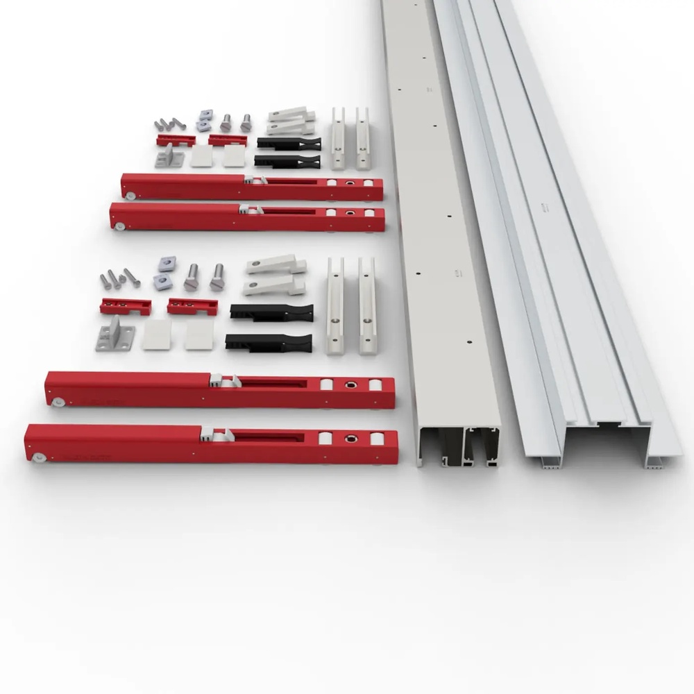 KLEIN FRONT RETRACTIL SISTEMA CORREDERA DE MADERA-PARTICION CRISTAL FALSO TECHO 100 KG KIT GUIA+CARROS CON FRENO PLATA ALUMINIO 4 MTS KIT GUIA+JUEGO 2 PTAS CON FRENO 