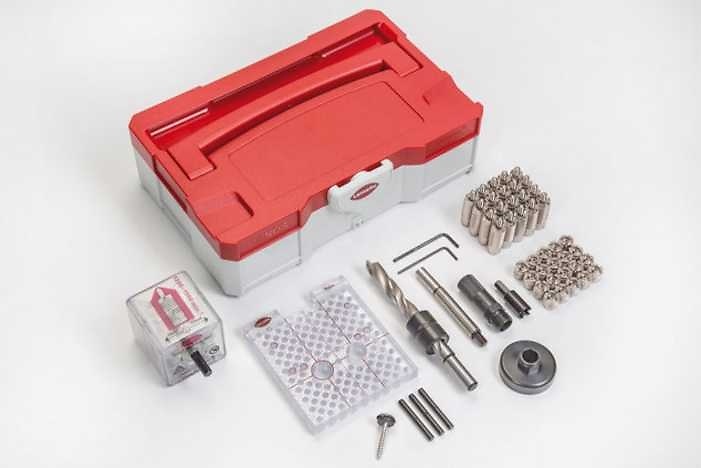 LAMELLO UNION INVISIBLE INVIS Mx2 KIT INICIO V ACERO 20 pares, con tuerca Invis Mx2 de 14 mm, plantilla de taladrado Rasto con broca de 12 mm, ajuste de profundidad, manguito de inserción, herramienta de atornillado, eje flexible, plantilla de atornillado 