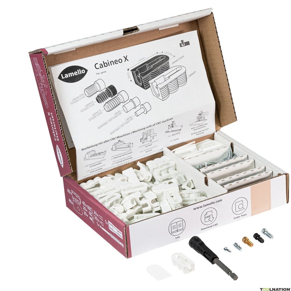 LAMELLO UNION SISTEMA CABINEO X SET INICIO CABINEO X Cabineo X (80 unidades), tornillo para Cabineo 12 (40 unidades), variantes de tornillos y soportes de baldas (20 unidades de cada), tapones Cabineo blanco señales (40 unidades), punta hexagonal 1/4