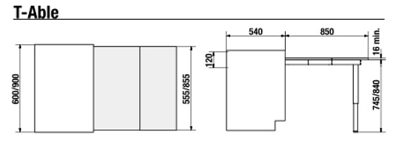 MESA EXTRAIBLE T-ABLE INOX/BLANCO CON TABLERO ACABADO BLANCO 600 MM 850 MM 540 MM 100 KG 100 KG 540 MM 850 MM 900 MM CON TABLERO ACABADO BLANCO INOX/BLANCO 