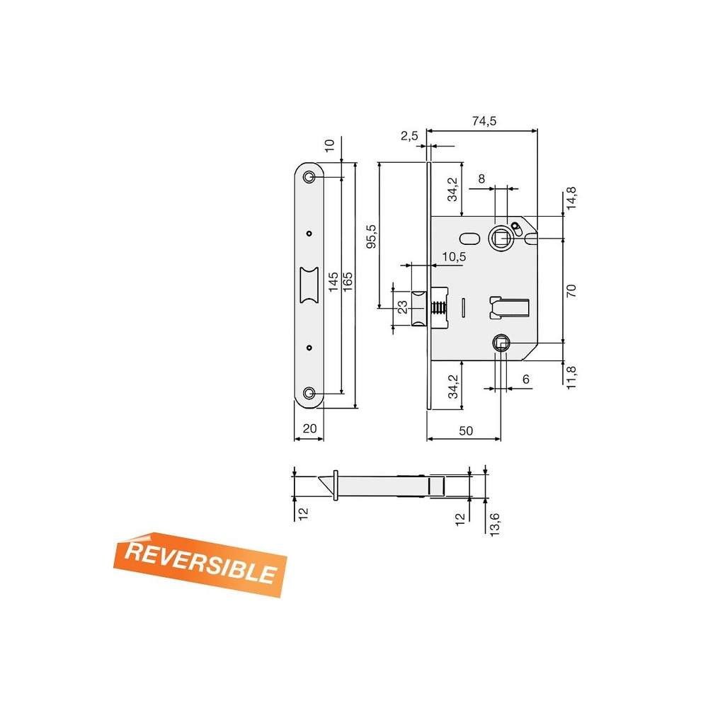 PICAPORTES DE CAJA TESA 134U-5O REVERSIBLE SILENCIOSO CON BLOQUEO EN GOLPE PARA MULETILLA A 70 MM 