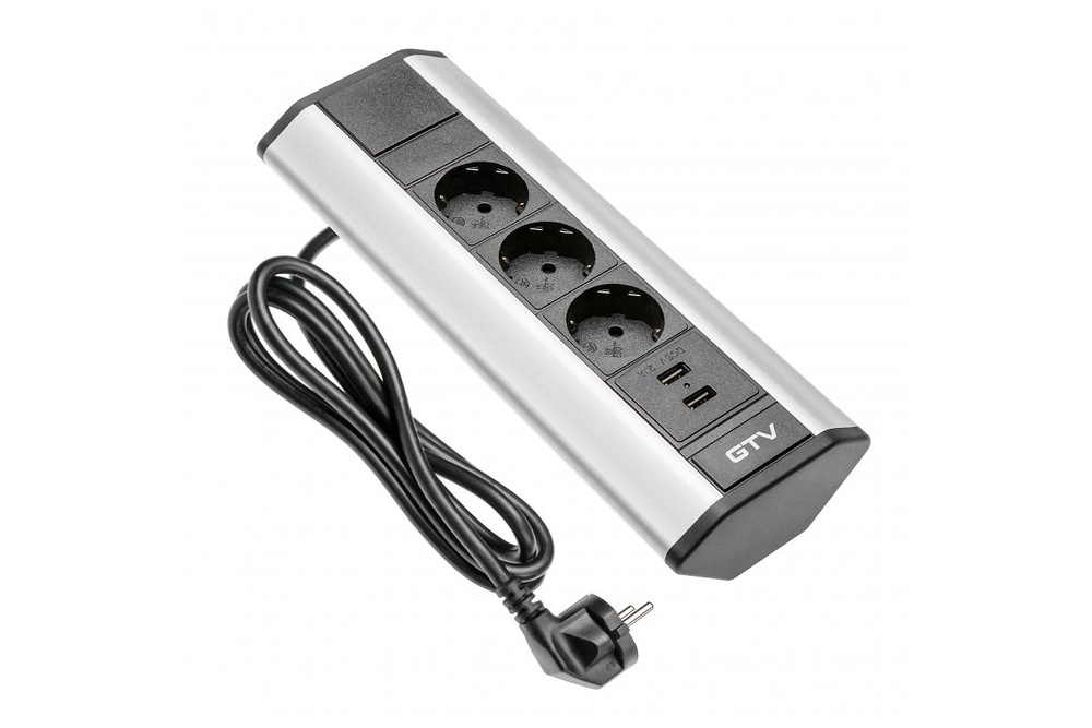 REGLETA ANGULAR PARA MESA DE TRABAJO 3X SCHUKO, 2XUSB 2,1A 5V (PLATA) 