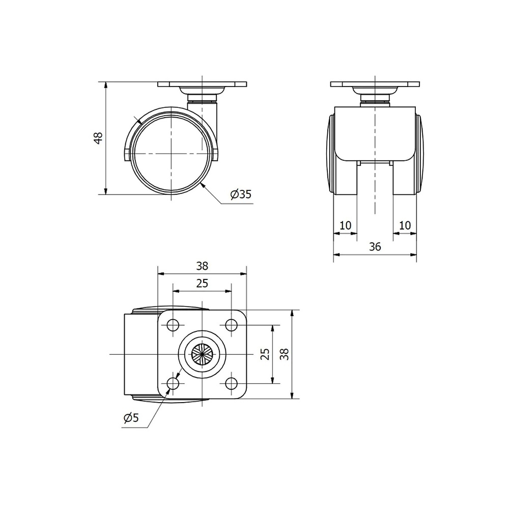 RUEDA MUEBLE PLETINA SERIE DK 50 mm 38 x 38 mm 35 MM SIN FRENO PLASTICO 15 kg 