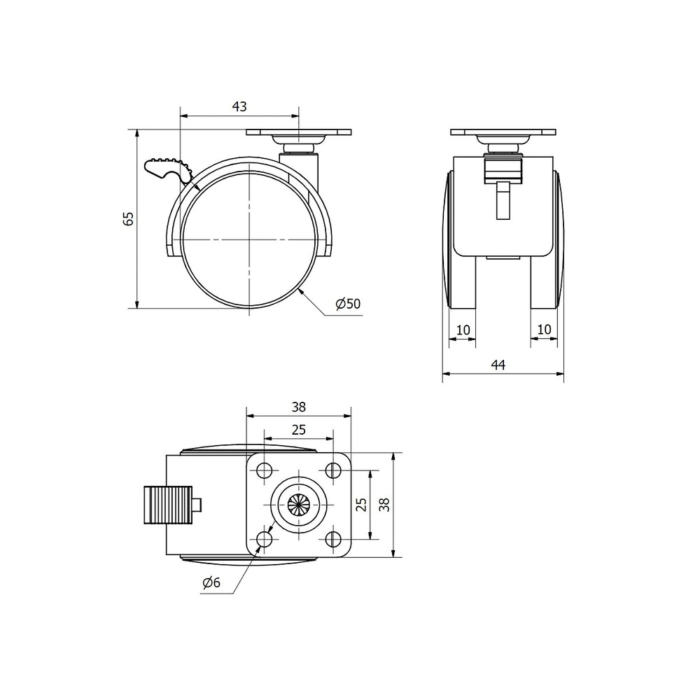 RUEDA MUEBLE PLETINA SERIE DK 62 mm 38 x 38 mm 50 MM CON FRENO PLASTICO 30 kg 