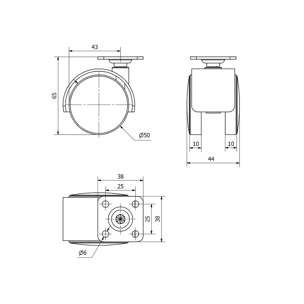 RUEDA MUEBLE PLETINA SERIE DK 62 mm 38 x 38 mm 50 MM SIN FRENO PLASTICO 50 KG 