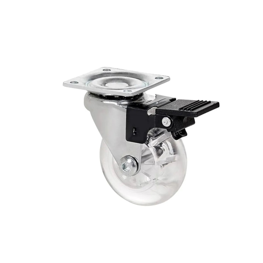 RUEDA MUEBLE TRANSPARENTE CON PLETINA CON Y SIN FRENO SERIE BDT 64 MM 42 x 42 mm CROMO-TRANSPARENTE 50 MM CON FRENO 40 KG 60 kg 60 x 60 mm 75 mm 95 MM CON FRENO CROMO-TRANSPARENTE 