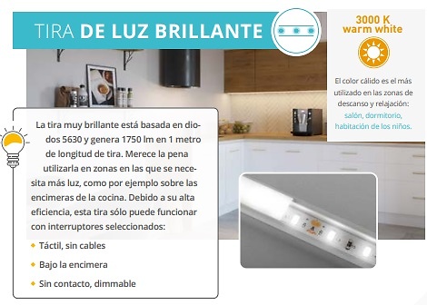 Sistema de iluminación LED para muebles FÁCIL DE ELEGIR Y RÁPIDO DE INSTALAR TIRA BRILLANTE FLASH 5630, 300 LED BLANCO CÁLIDO, 16W/5M SIN GEL 10 MM, 12V, ROLLO DE 2M, MINI AMP INTERRUPTOR BAJO TABLERO, ESPESOR HASTA 40 MM, 12V, POTENCIA MÁX. 50W, CABLE DE 150 MM 