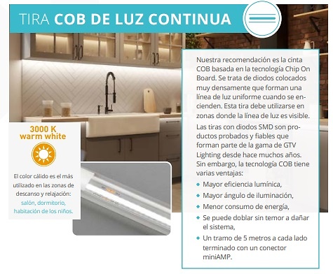 Sistema de iluminación LED para muebles FÁCIL DE ELEGIR Y RÁPIDO DE INSTALAR TIRA CONTINUA LED COB 12V, 1600 LED, 8MM, 8,5W/M, SIN GEL, BLANCO CÁLIDO,5M, 2X MINI AMP INTERRUPTOR BAJO TABLERO, ESPESOR HASTA 40 MM, 12V, POTENCIA MÁX. 50W, CABLE DE 150 MM 