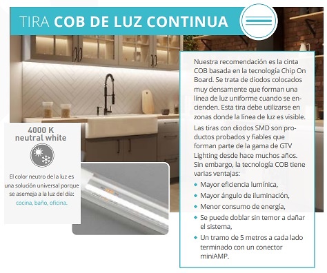 Sistema de iluminación LED para muebles FÁCIL DE ELEGIR Y RÁPIDO DE INSTALAR TIRA CONTINUA LED COB 12V, 1600 LED, 8MM, 8,5W/M, SIN GEL, BLANCO NEUTRO,5M, 2X MINI AMP INTERRUPTOR BAJO TABLERO, ESPESOR HASTA 40 MM, 12V, POTENCIA MÁX. 50W, CABLE DE 150 MM 