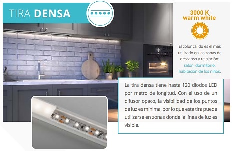 Sistema de iluminación LED para muebles FÁCIL DE ELEGIR Y RÁPIDO DE INSTALAR TIRA DENSA FLASH 3528, 600 120LED/M BLANCO CÁLIDO, 9,6W/M SIN GEL 8 MM, 12V, ROLLO DE 2M, MINI AMP INTERRUPTOR BAJO TABLERO, ESPESOR HASTA 40 MM, 12V, POTENCIA MÁX. 50W, CABLE DE 150 MM 