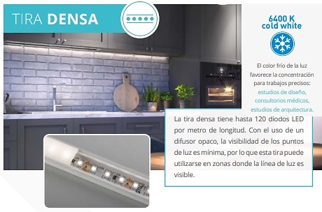 Sistema de iluminación LED para muebles FÁCIL DE ELEGIR Y RÁPIDO DE INSTALAR TIRA DENSA FLASH 3528, 600 120LED/M BLANCO FRÍO, 9,6W/M SIN GEL 8 MM, 12V, ROLLO DE 2M, MINI AMP INTERRUPTOR BAJO TABLERO, ESPESOR HASTA 40 MM, 12V, POTENCIA MÁX. 50W, CABLE DE 150 MM 