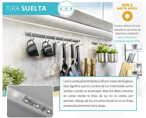 Sistema de iluminación LED para muebles FÁCIL DE ELEGIR Y RÁPIDO DE INSTALAR TIRA SUELTA FLASH 3528, 300 60LED/M BLANCO CÁLIDO, 4,8W/M SIN GEL 8 MM, 12V, ROLLO DE 2M, MINI AMP INTERRUPTOR BAJO TABLERO, ESPESOR HASTA 40 MM, 12V, POTENCIA MÁX. 50W, CABLE DE 150 MM 