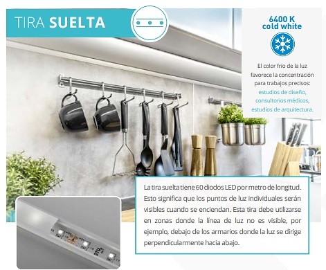 Sistema de iluminación LED para muebles FÁCIL DE ELEGIR Y RÁPIDO DE INSTALAR TIRA SUELTA FLASH 3528, 300 60LED/M BLANCO FRÍO, 4,8W/M SIN GEL 8 MM, 12V, ROLLO DE 2M, MINI AMP INTERRUPTOR BAJO TABLERO, ESPESOR HASTA 40 MM, 12V, POTENCIA MÁX. 50W, CABLE DE 150 MM 