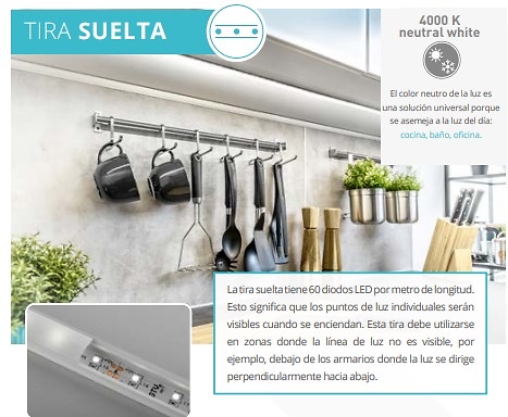 Sistema de iluminación LED para muebles FÁCIL DE ELEGIR Y RÁPIDO DE INSTALAR TIRA SUELTA FLASH 3528, 300 60LED/M BLANCO NEUTRO, 4,8W/M SIN GEL 8 MM, 12V, ROLLO DE 2M, MINI AMP INTERRUPTOR BAJO TABLERO, ESPESOR HASTA 40 MM, 12V, POTENCIA MÁX. 50W, CABLE DE 150 MM 