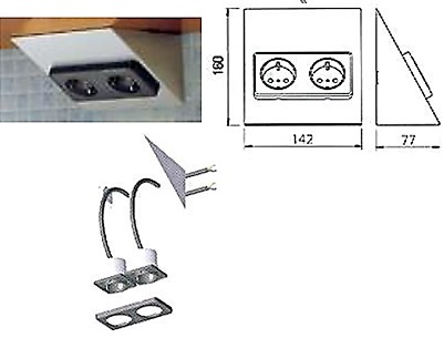 TRAPEZOIDE SISTEMA ENCHUFES Y TOMAS CORRIENTE BAJO MUEBLE ACERO INOX INOX/NEGRO 2 ENCHUFES 