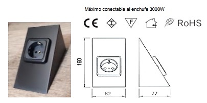 TRAPEZOIDE SISTEMA ENCHUFES Y TOMAS CORRIENTE BAJO MUEBLE ACERO INOX NEGRO+NEGRO 1 ENCHUFE 