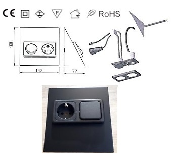 TRAPEZOIDE SISTEMA ENCHUFES Y TOMAS CORRIENTE BAJO MUEBLE ACERO INOX NEGRO+NEGRO INTERRUPTOR+ENCHUFE 