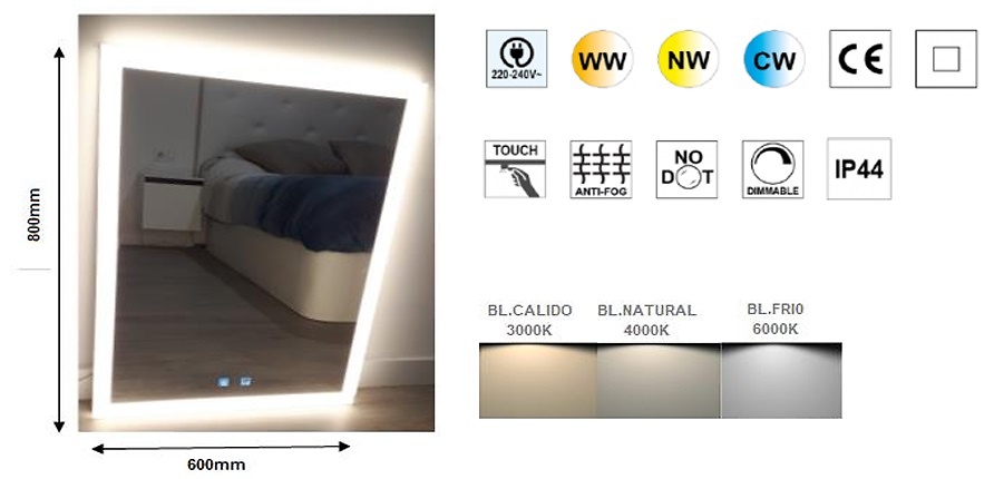VISTA EMOTION ESPEJO BAÑO SENSOR TOUCH-TUNABLE Y ANTIVAHO 220V 