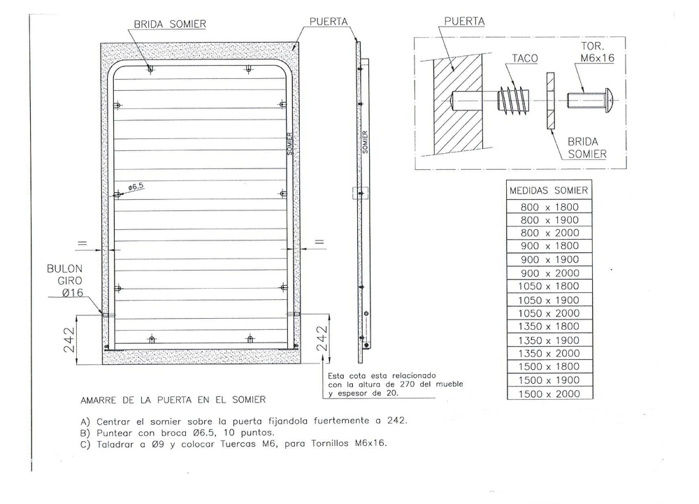 SET HERRAJE CAMA VERTICAL CON SOMIER DE 135X190 COMPLETO PATAS SINCRO